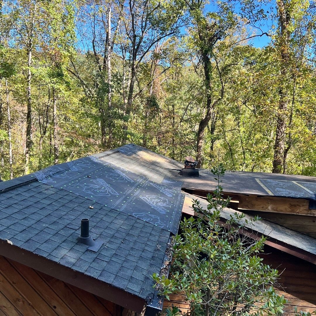 Storm-damaged shingle roof surrounded by trees before repair